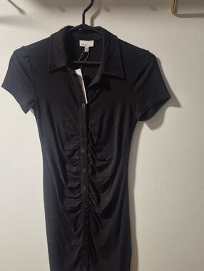 Women's Black Ruched Button-Front Polo Shirt Dress